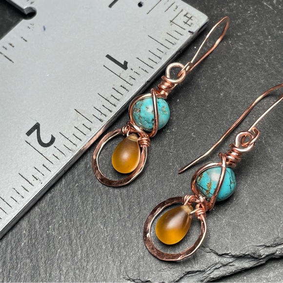 Artisan Copper and Wrapped Turquoise Dangle Earrings - Picture 8 of 9
